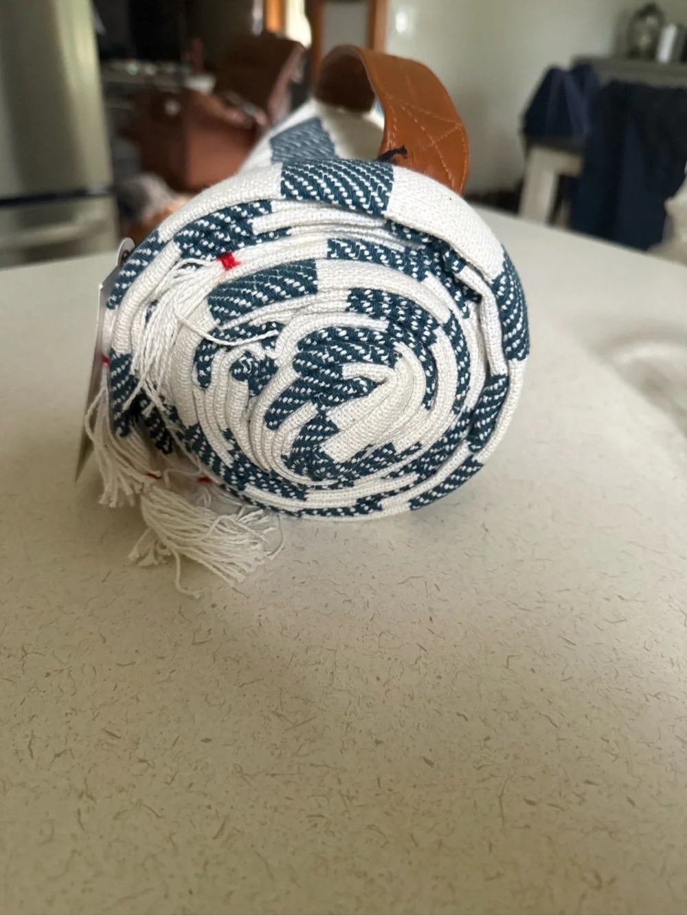 Hearth & Hand Navy and White Striped Picnic Blanket with Leather Handle